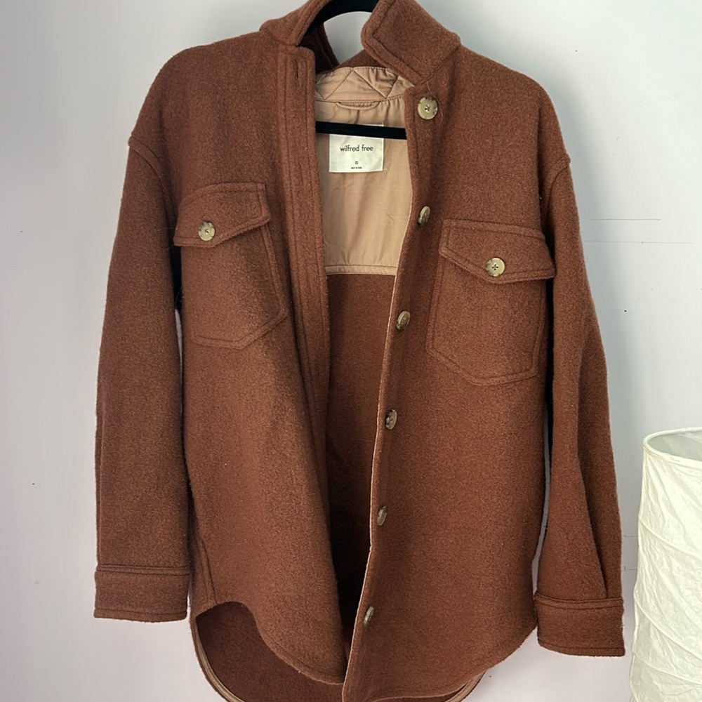 100% Merino Wool Wilfred Free long jacket, from Aritzia